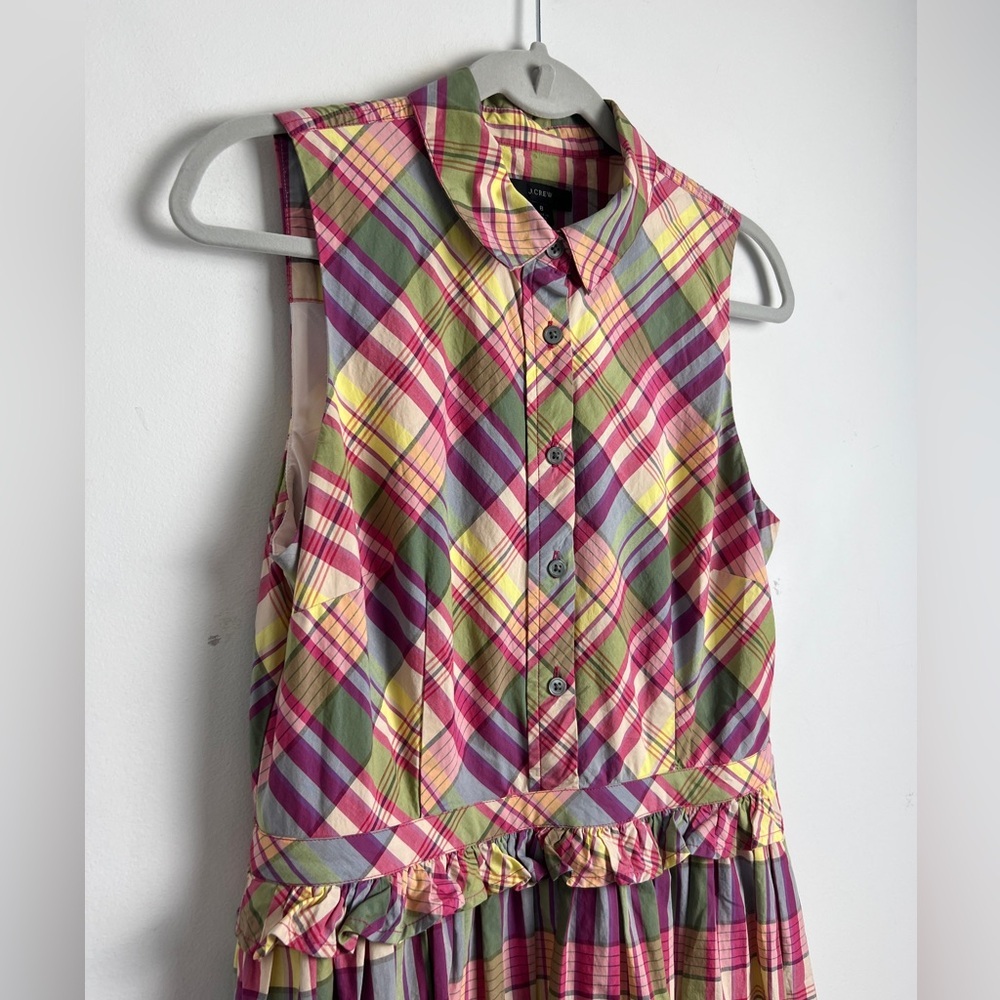 J. Crew Women's 8 Pink & Green Plaid Ruffle Waist Pockets Midi Dress - Picture 7 of 13